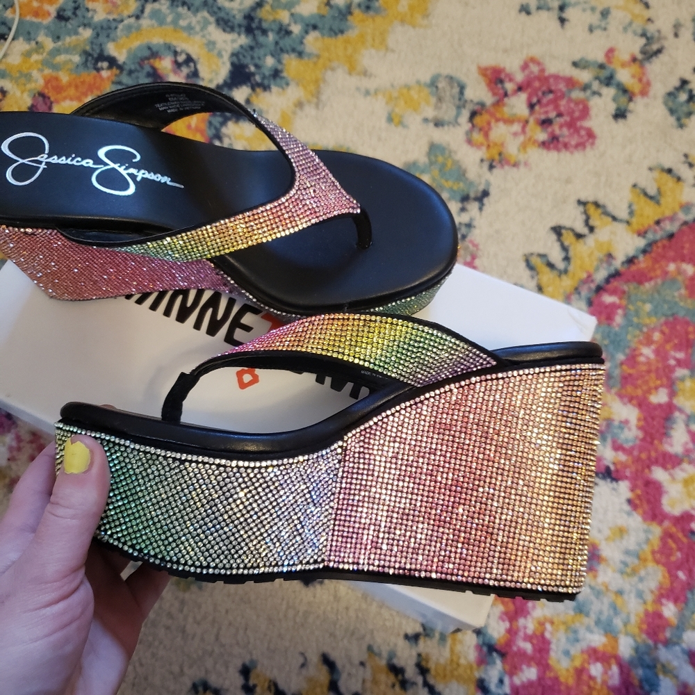 Jessica Simpson Womans Rainbow Bedazled wedge sandals